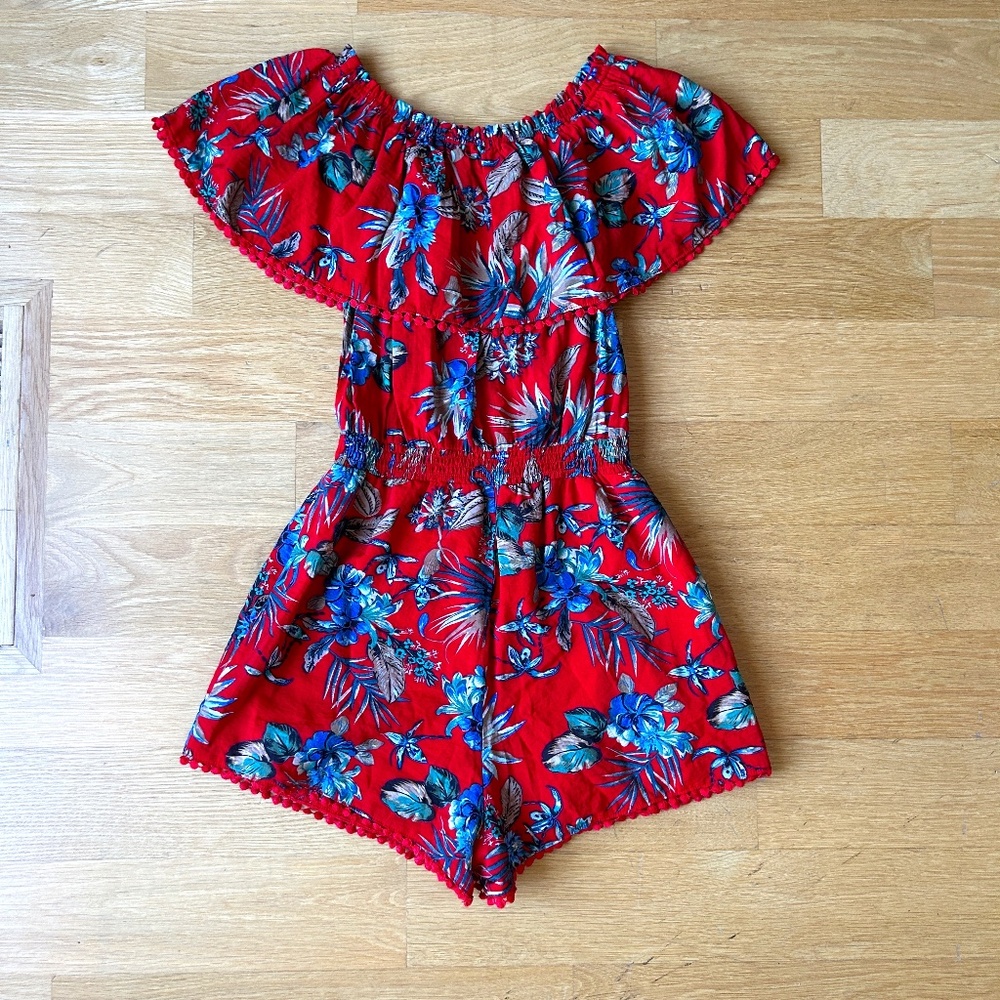 Tropical Floral Print Romper (Blouse + Shorts) with Elasticized Waist